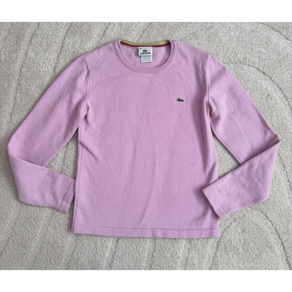 Lacoste Girls 10/12 Pink Knit Cotton Crewneck Sweater‎ Preppy Embroidered Logo
